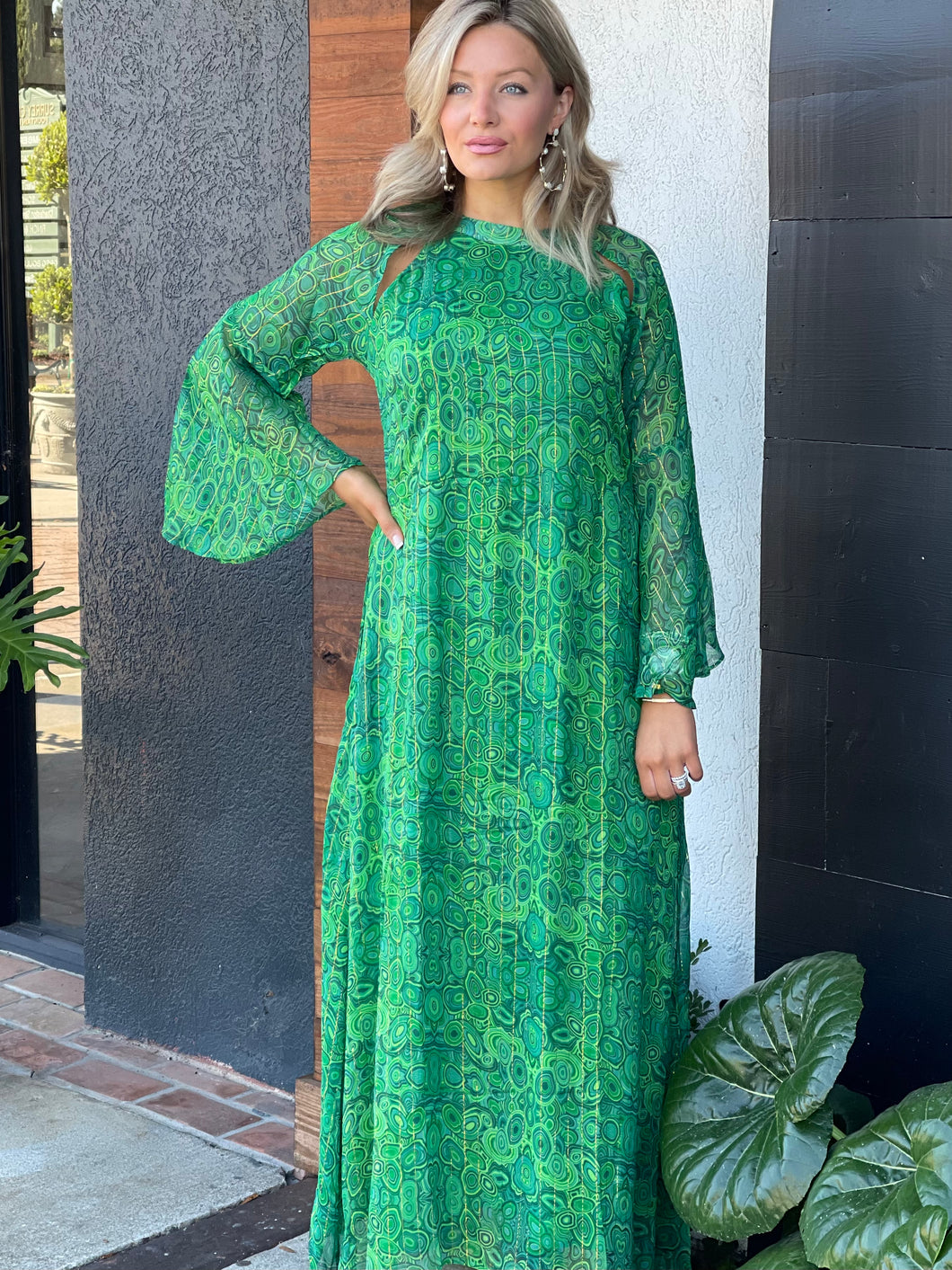 Malachite Green Flare Sleeve Maxi Gown