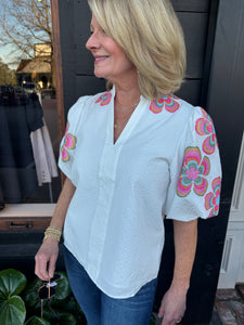 Embroidered Puff Sleeve Textured Top