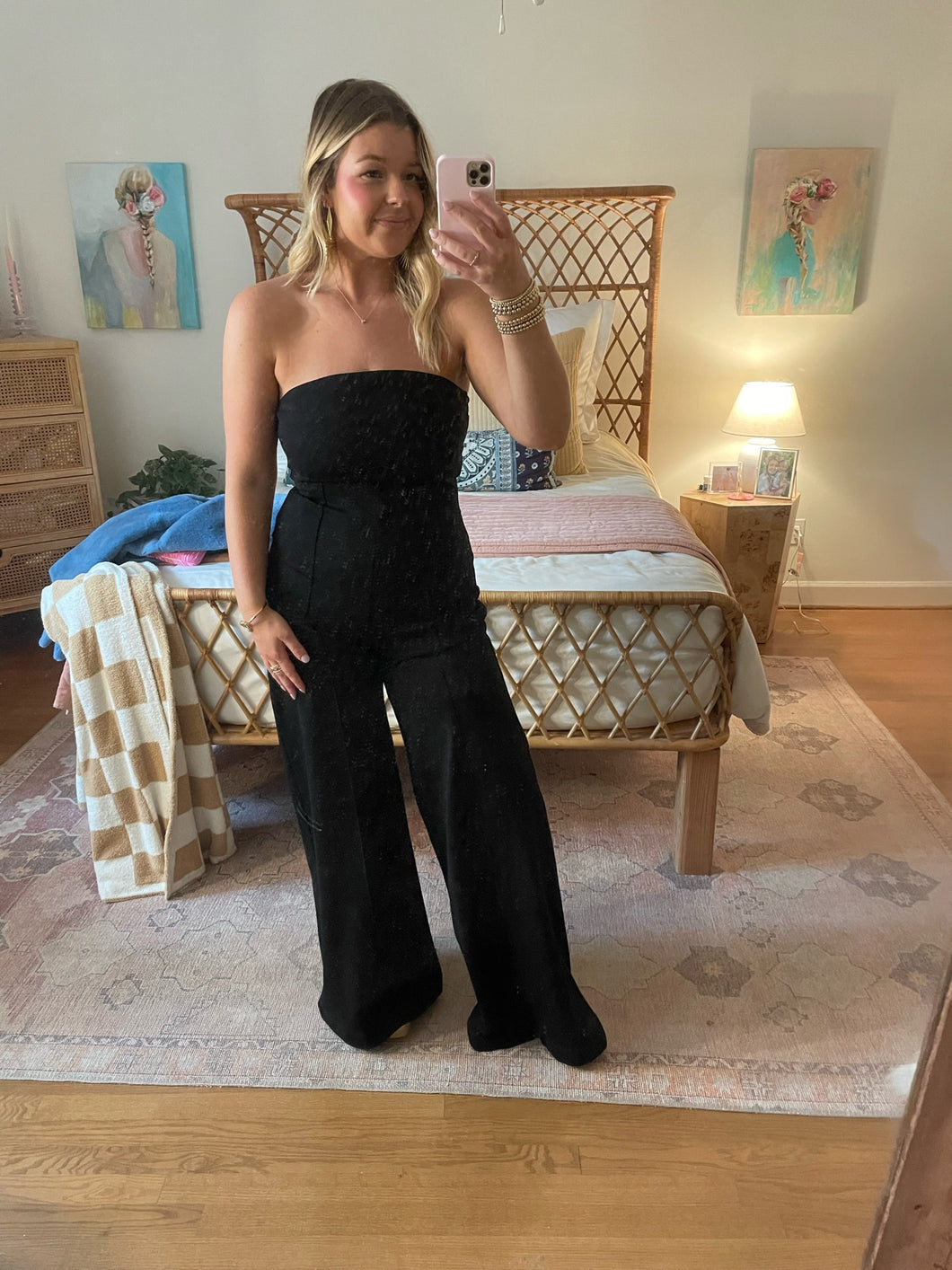 Ponte Knit Strapless Wide Leg Jumpsuit