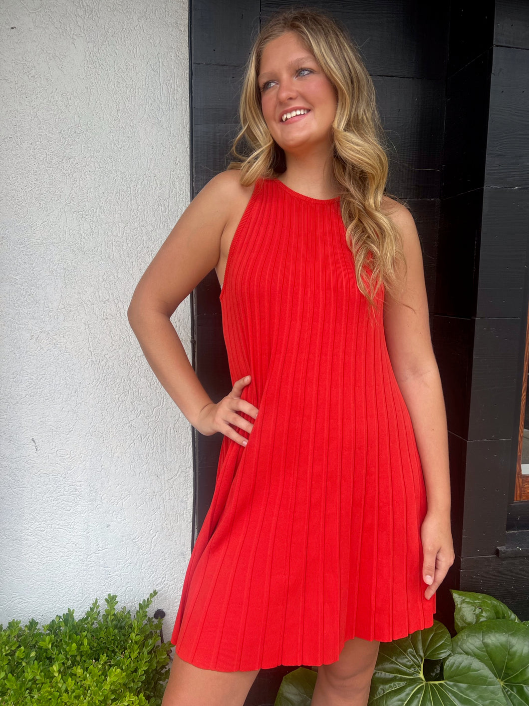 Red Pleated A-line Knit Mini Dress